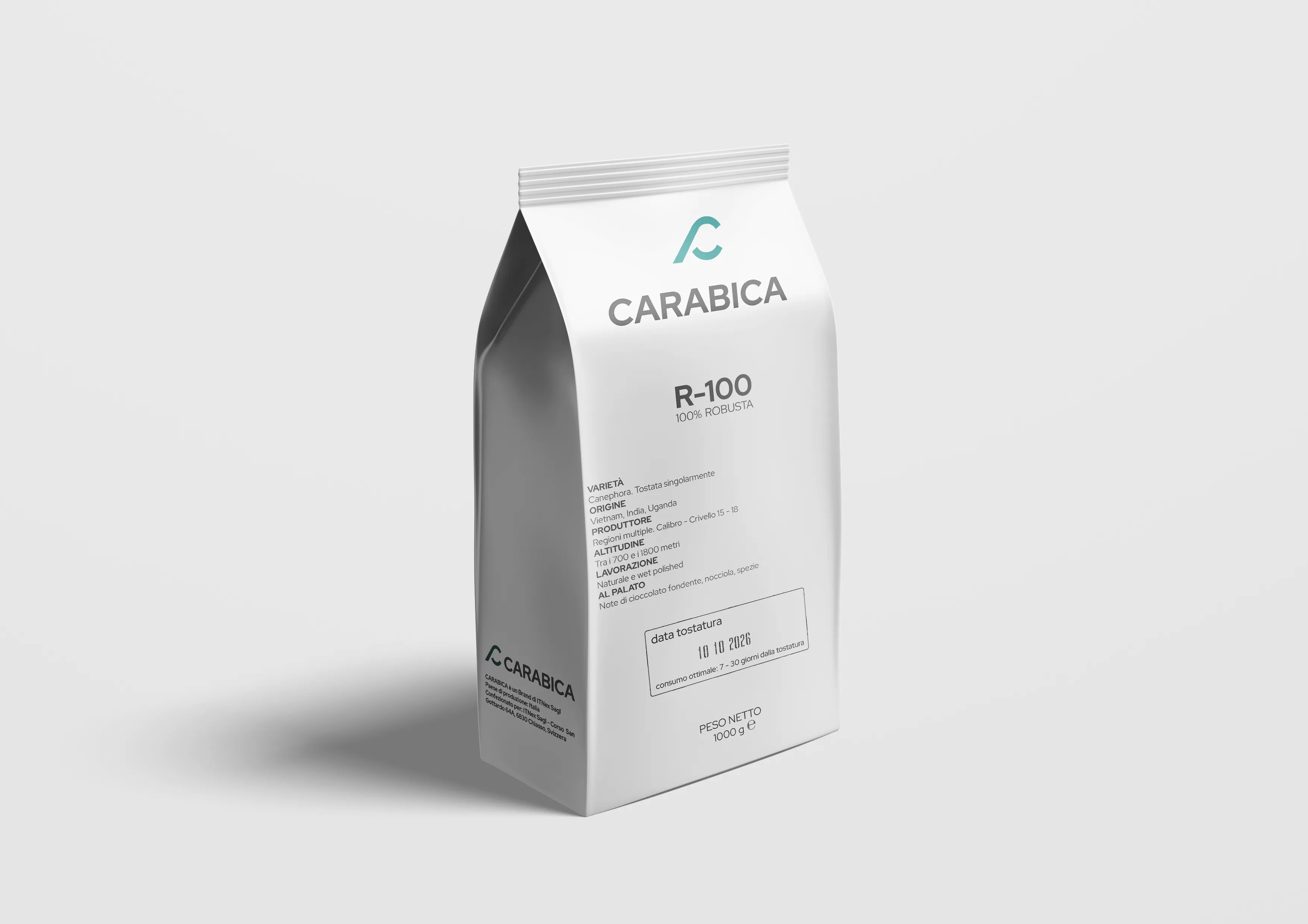 Confezione CARABICA R-100 100% Robusta, packaging bianco minimale con logo teal.
